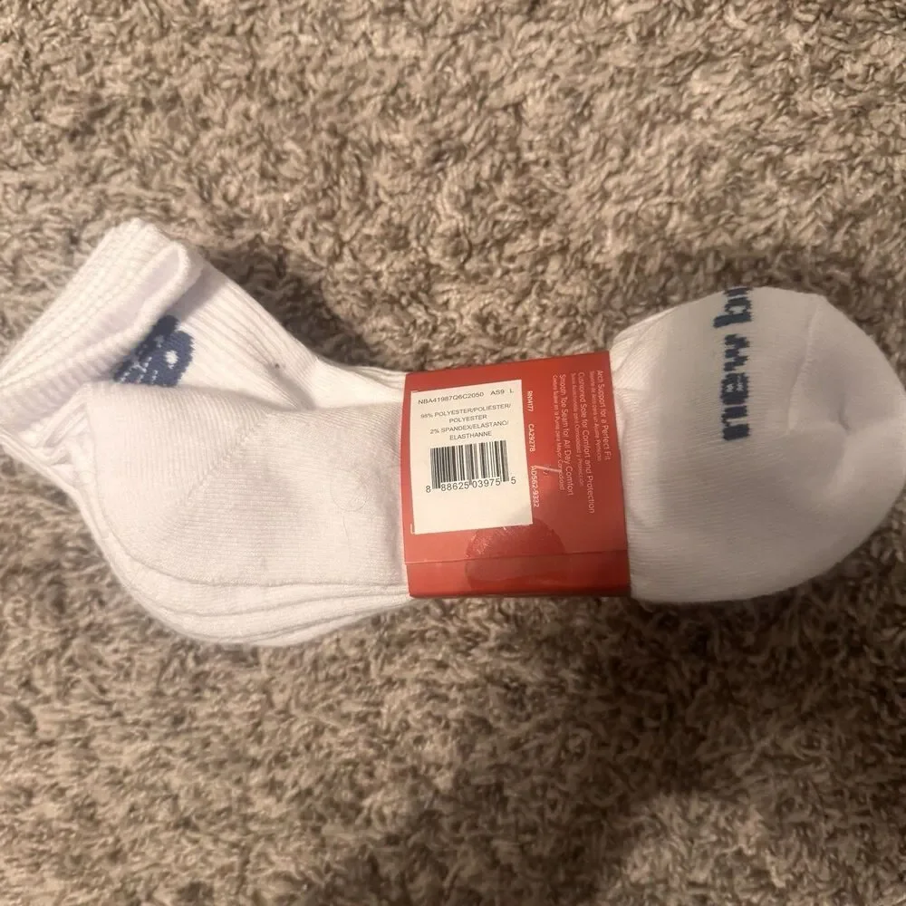 New Balance Cushioned Men’s Ankle Socks White L 6 Pairs Logo Polyester